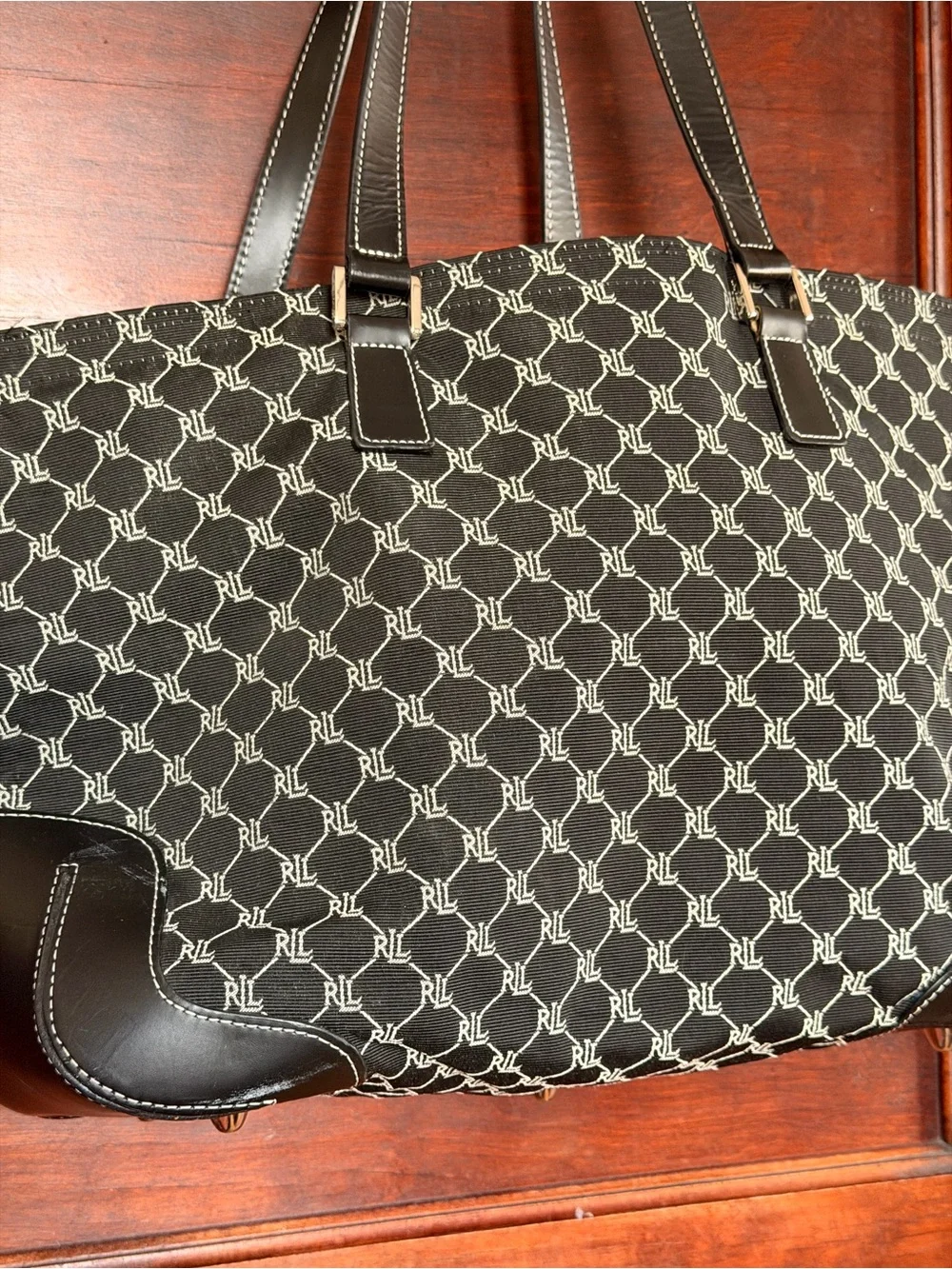 Ralph Lauren Black Monogram Jacquard Tote with Leather Trim
